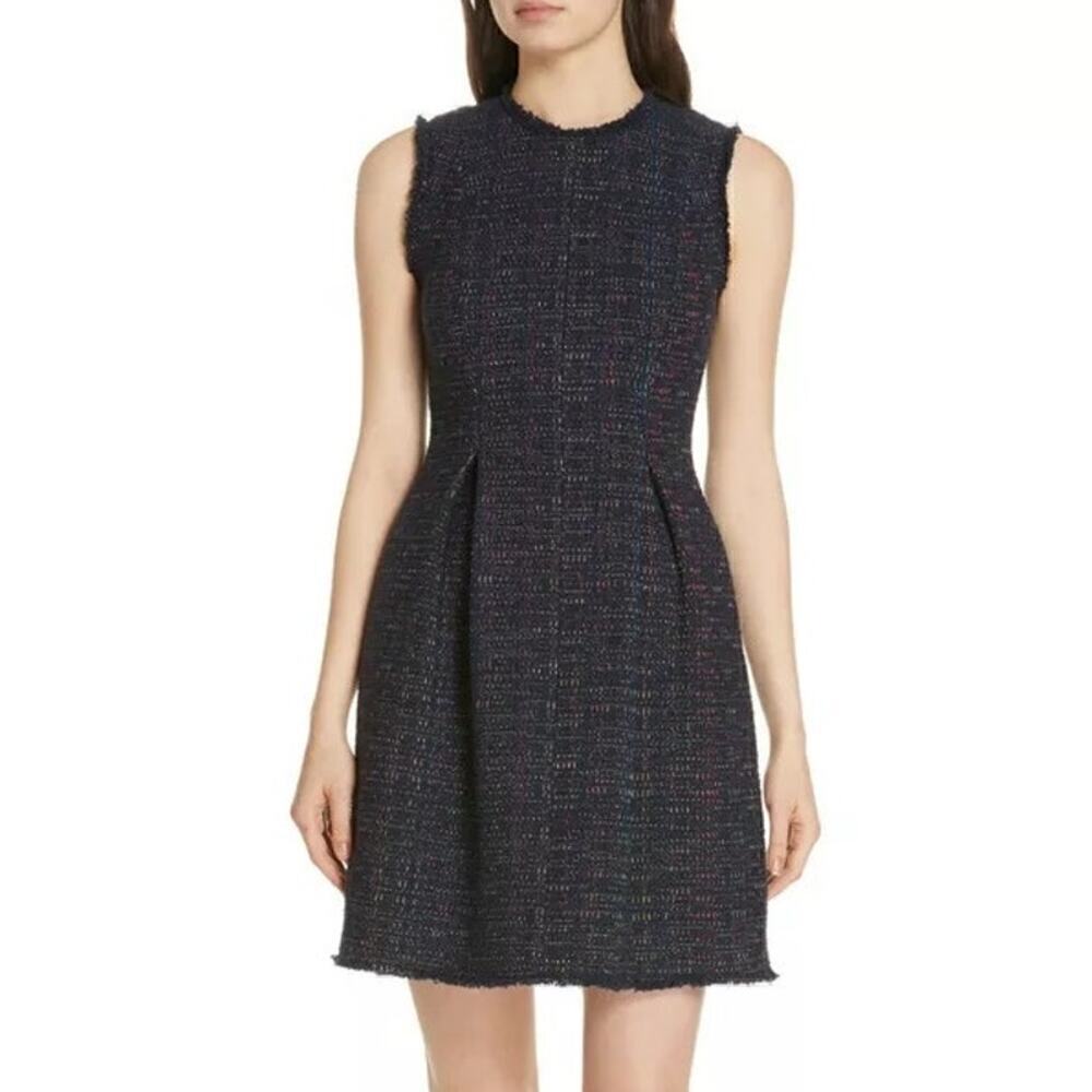 Rebecca Taylor Rainbow Tweed Dress Sleeveless Pleated A-Line Mini Navy Blue 4